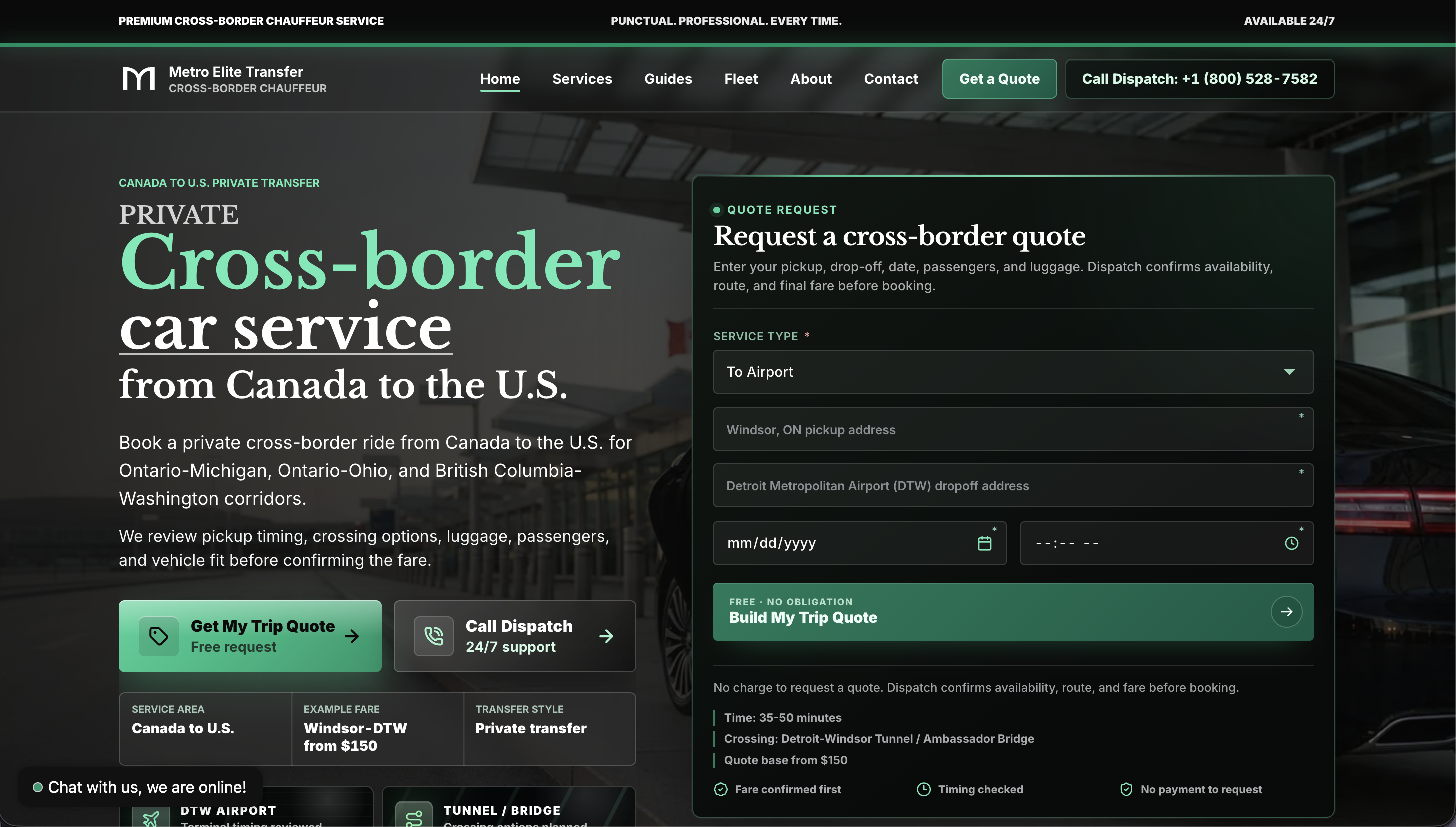 Metro Elite Transfer Canada cross-border chauffeur service website